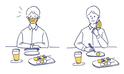 マスク会食をする男性会社員