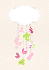 Babysymbole Mädchen Unter Wolke Hängend Punkte Pink Grün Beige