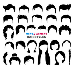 Big black hair silhouettes collection of fashionable haircuts or hairstyles for mens or girls, isolated on white background. Fashion hand drawn vector illustration