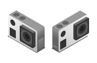 set of isometric action camera in different angle and position, vector illustration isolated on white background