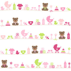 Endlosmuster Brauner Teddy Und Babysymbole Mädchen Pink Grün