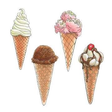 Set with ice cream cone. Illustration with sweet dessert. Hand drawing.