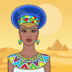 Animation portrait of the beautiful African woman in ancient clothes and jewelry. Princess, pagan goddess, Pharaoh. Color drawing. Background - a landscape the desert, pyramids.Vector illustration.
