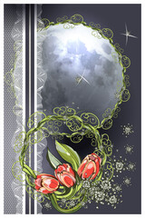 Illustration of the night sky with the moon.The light of the full moon.Insomnia. Love. Window with curtains and ornaments.Romantic drawing. Flowers on the windowsill.Pink tulips. Abstract painting