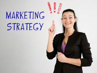 Business concept meaning MARKETING STRATEGY exclamation marks with phrase on the wall