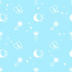 Seamless pattern. Children's toy rattle. For bed linen with a pattern for children, textile fabric with a print. Blue and white background.