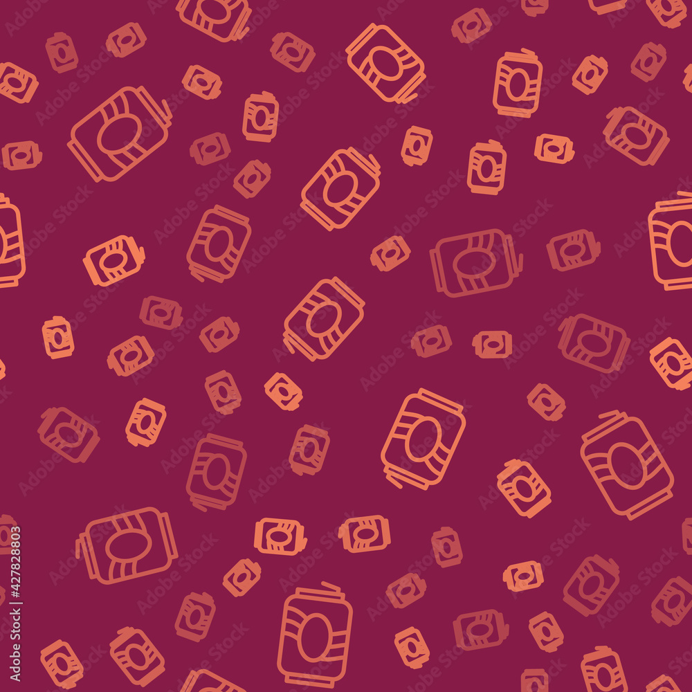 Poster brown line soda can icon isolated seamless pattern on red background. vector