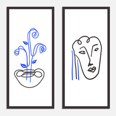 A set of framed hand drawn line art inspired by Matisse. The minimalist contemporary design of the human face combined with floral objects project a sense of wellbeing, inner peace, and mindfulness.