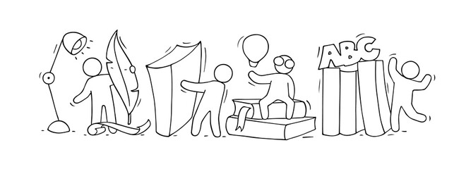 Sketch of literature class with working little people