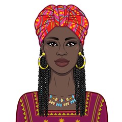 Animation portrait of the beautiful  black woman in a bright turban and Afro-hair. Color drawing. Vector illustration isolated on a white background.Template for use.