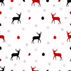 Set of vector seamless patterns. Deer, gifts in black and white on isolated white background, digital art for flyer, poster, cover, textile print, wrapping paper, clothes, napkins,dishes.