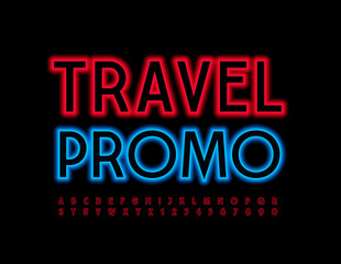 Fototapeta na wymiar Vector advertising template Travel Promo. Red Glowing Font. Bright modern Alphabet Letters and Numbers set