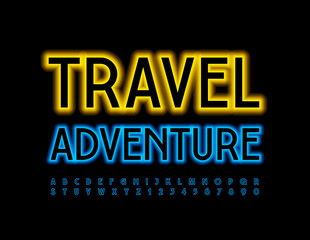 Vector neon sign Travel Adventure. Blue Illuminated Font. Glowing Alphabet Letters and Numbers set