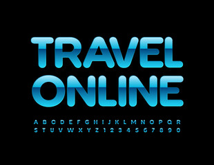 Vector modern sign Airline Tickets. Blue shiny Font. Elegant Alphabet Letters and Numbers set