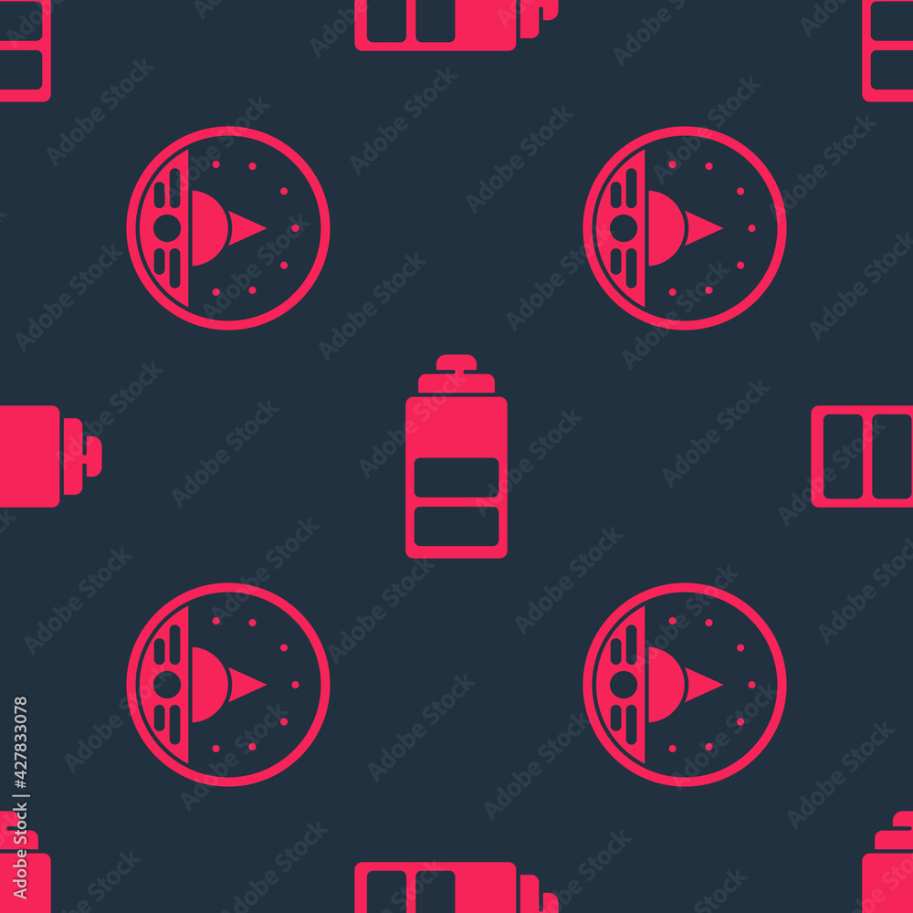 Poster set ampere meter, multimeter, voltmeter and battery charge level indicator on seamless pattern. vect