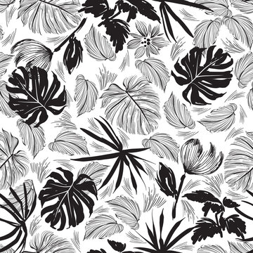Stylish Minimal hand drawn sketch tropical leaves brushed strokes style Black and white mood Design for fashion , fabric, textile, wallpaper, cover, web , wrapping