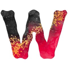 Alcohol Ink pink and grey letter W with golden splashes. Monogram letter W. Printable design.
