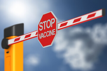 closed automatic barrier with sign stop vaccine on sky background. 3D illustration