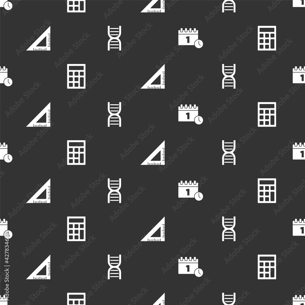 Aufkleber set calendar first september date, calculator, triangular ruler and dna symbol on seamless pattern. 
