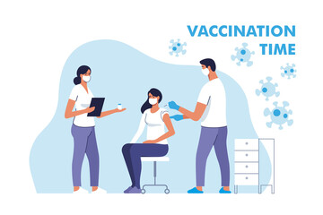 Coronavirus vaccination. Woman getting vaccinated against Covid-19 in hospital. Doctor injecting a patient, getting first shot of covid vaccine in arm muscle. Vector illustration.