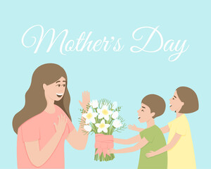 Children give mom a bouquet of daffodils. The girl and the boy congratulate their mother on the holiday. Mom admires a bouquet of flowers. Happy mother's day lettering. Flat vector illustration.