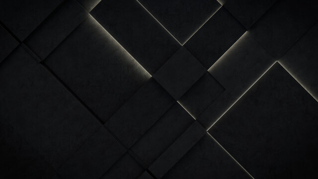Dark, Concrete wall background, with integrated White light strips. Geometric Tech Wallpaper with Illuminated, Futuristic, 3D Blocks. 3D render