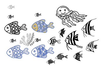 fish sea ocean doodle sketch hand drawn print textile graphics tropics coloring book for kids