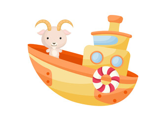 Cute little goat sailing on yellow ship. Cartoon character for childrens book, album, baby shower, greeting card, party invitation, house interior. Vector stock illustration.