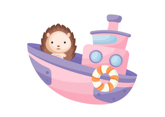 Cute little hedgehog sailing on pink ship. Cartoon character for childrens book, album, baby shower, greeting card, party invitation, house interior. Vector stock illustration.