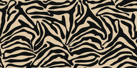 Zebra seamless pattern in vector, classic black-brown background with stripes. Fashion fabric 