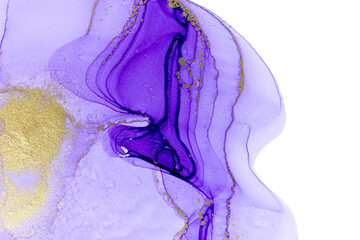 Fototapeta premium Abstract purple stains on white background. Violet and gold watercolor ink pattern. Copyspace.