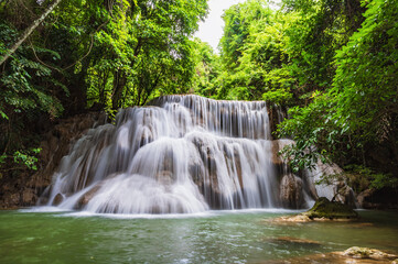 Landscape of Huai mae khamin waterfall Srinakarin national park at Kanchanaburi thailand.Huai mae khamin waterfall third floor 