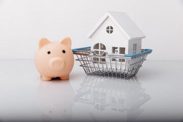 Piggy bank and house model in shopping basket