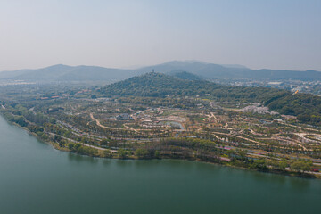 Aerial view of Shangfang Mountain, a natural forest park in Suzhou, China