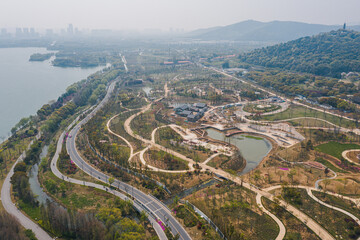 Aerial view of Shangfang Mountain, a natural forest park in Suzhou, China