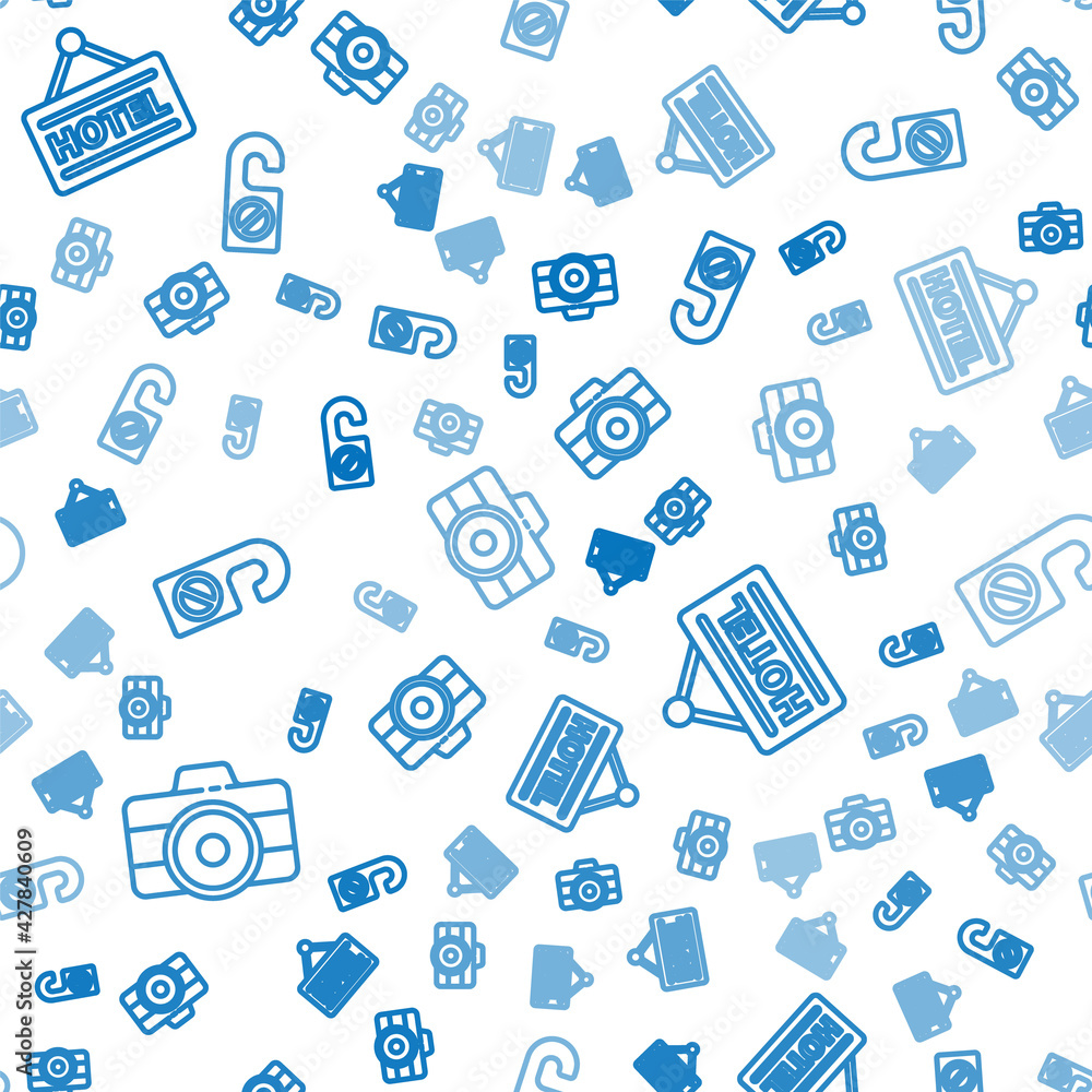 Poster set line photo camera, signboard with text hotel and please do not disturb on seamless pattern. vect