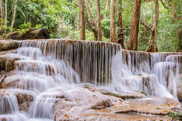 Landscape of Huai mae khamin waterfall Srinakarin national park at Kanchanaburi thailand.Huai mae khamin waterfall sixth floor 