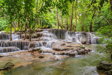 Landscape of Huai mae khamin waterfall Srinakarin national park at Kanchanaburi thailand.Huai mae khamin waterfall sixth floor "Dong Phi Sue"