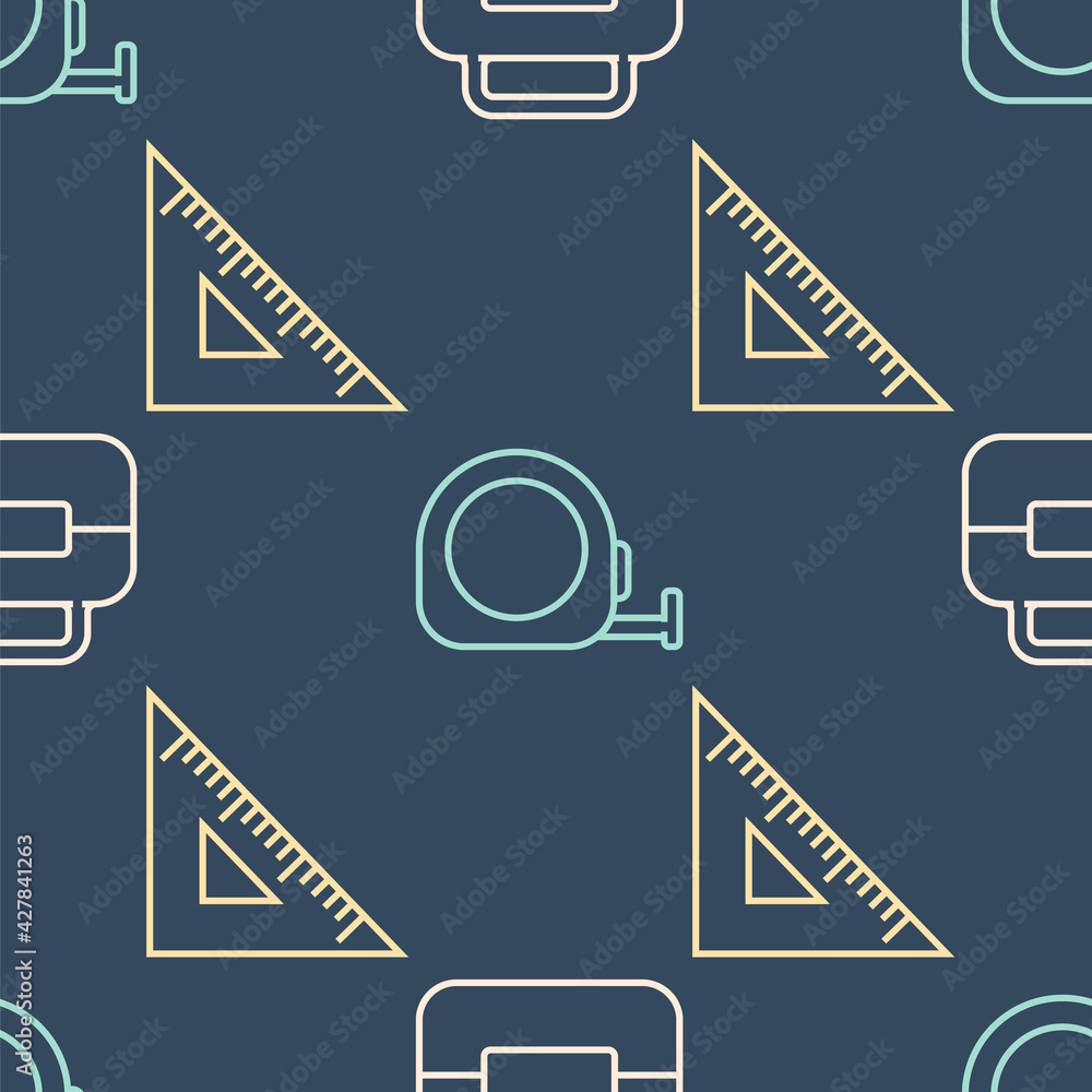 Poster set line toolbox, triangular ruler and roulette construction on seamless pattern. vector