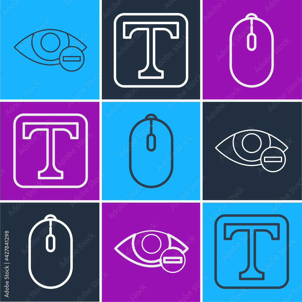 Poster set line red eye effect, computer mouse and text icon. vector