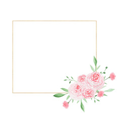 Gold geometric frame with roses. Watercolor illustration. Decorative watercolor flowers. Compositions floral illustration.