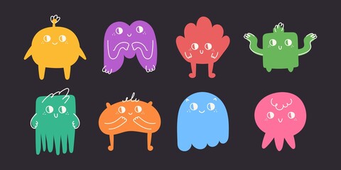 Fototapeta premium Set of hand drawn doodle cute little monsters. Abstract colorful characters. Vector flat illustration on black background
