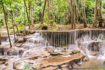 Naklejka premium Landscape of Huai mae khamin waterfall Srinakarin national park at Kanchanaburi thailand.Huai mae khamin waterfall sixth floor 