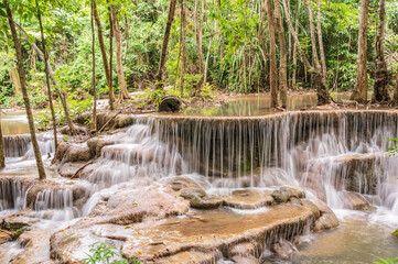 Landscape of Huai mae khamin waterfall Srinakarin national park at Kanchanaburi thailand.Huai mae khamin waterfall sixth floor "Dong Phi Sue"