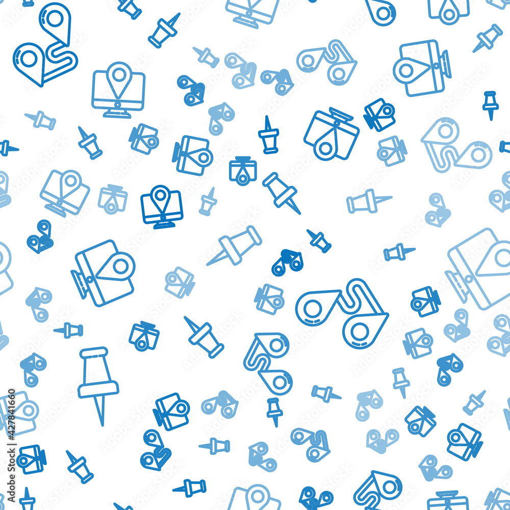 Aufkleber set line push pin, route location and monitor with location marker on seamless pattern. vector