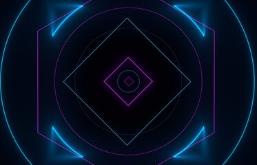 Laser illumination on black stylу esoteric ornaments. Fractal geometry object with light mystic glow line. emission magic portal  triangle effects. 3d rendering