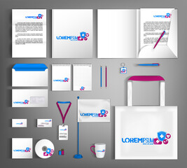 Corporate identity template for medical and pharmaceutical business. Abstract pattern with medicines.
