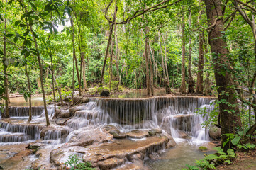 Landscape of Huai mae khamin waterfall Srinakarin national park at Kanchanaburi thailand.Huai mae khamin waterfall sixth floor 