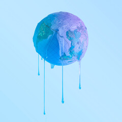 Minimal creative idea Earth ball hovers, melts and drains on pastel blue neon background. Global...