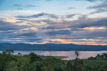 Beautiful landscape view and sunset from viewpoint of  Huai mae khamin waterfall Srinakarin national park at Kanchanaburi thailand.